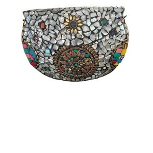 RAMLA Handmade Mother of Pearl Mosaic Clutch Brass Floral Inlay Evening Bag Gold